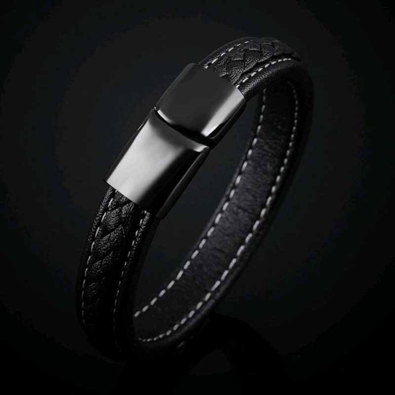 Gelang Pria  Kulit  Titanium Steel Genuine Leather Bracelet  